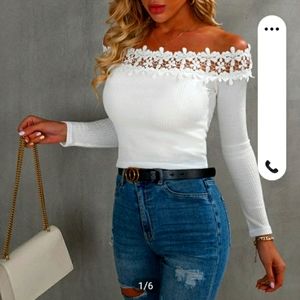 Off shoulder ribknit tee small white SHEIN